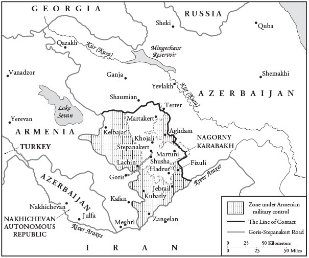 A map of Nagorny Karabakh, between Armenia and Azerbaijan, showing zones of Armenian military control.