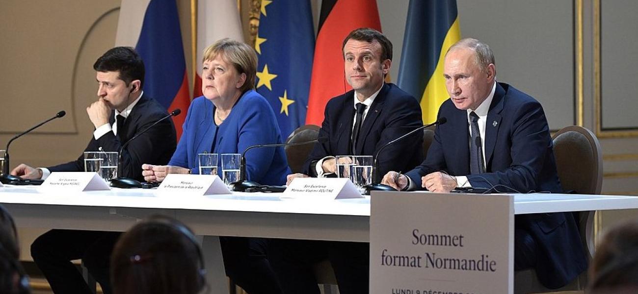 Putin with Zelensky, Merkel and Macron at a Normandy Format summit in December 2019