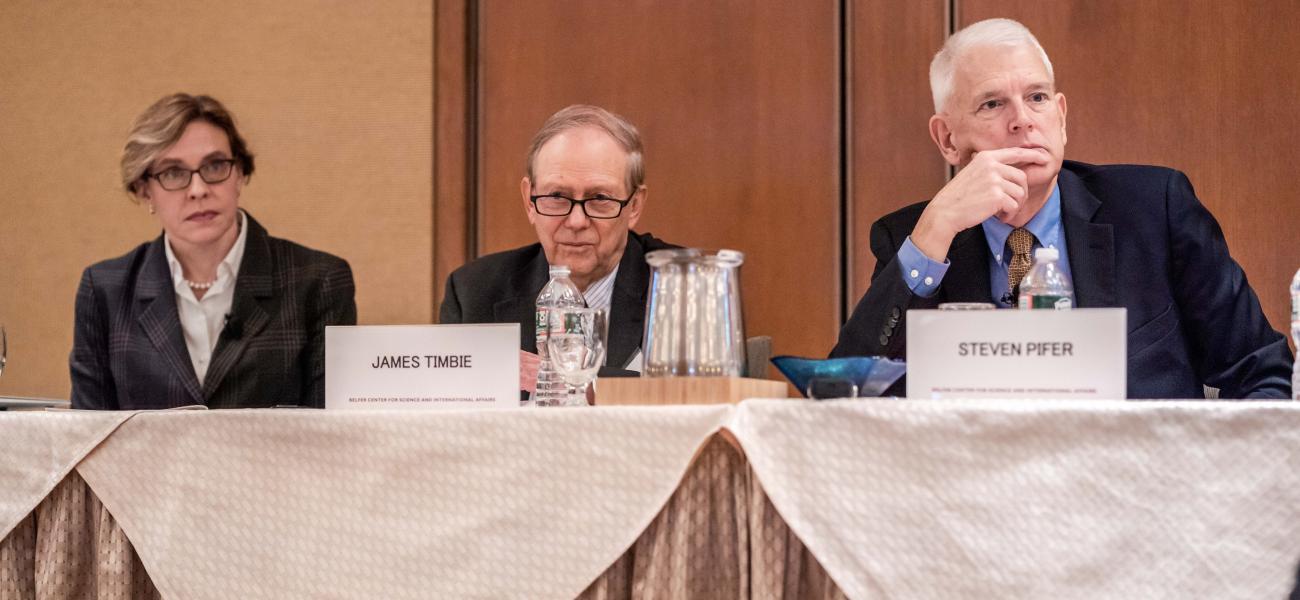 Mary Sarotte, James Timbie and Steven Pifer at the Dec. 6, 2019 conference