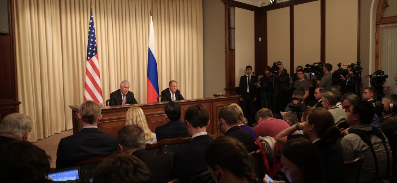 U.S. Secretary of State Rex Tillerson at a joint press conference with Russian Foreign Minister Sergei Lavrov.