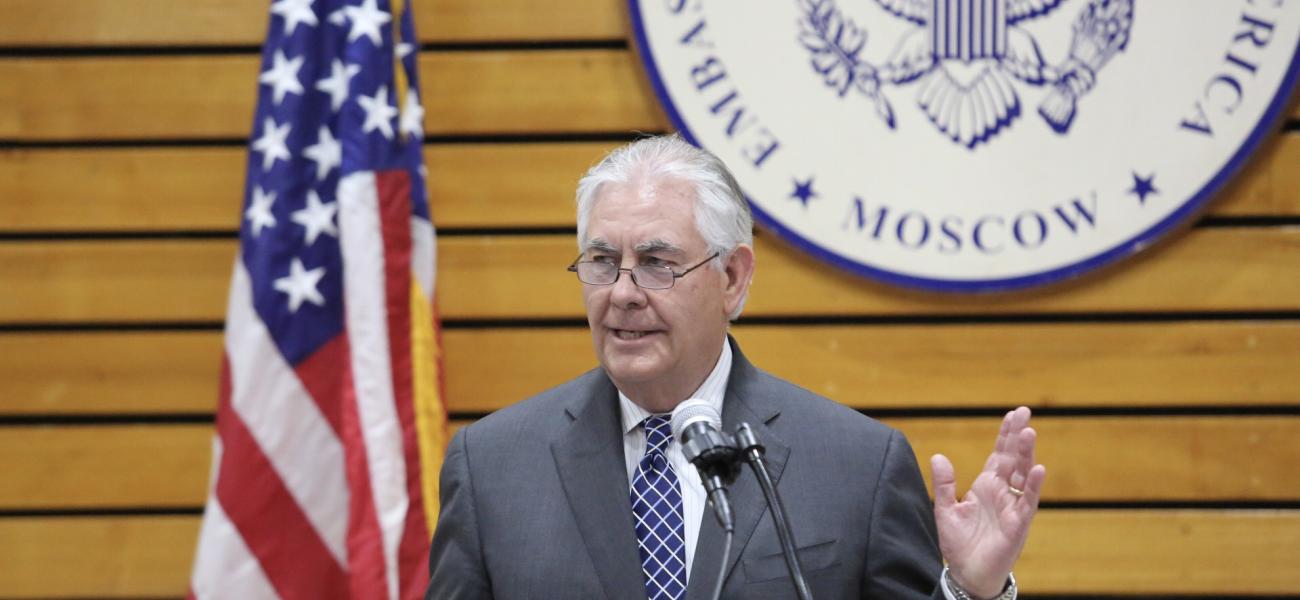 U.S. Secretary of State Rex Tillerson addresses colleagues and their families at the U.S. Embassy in Moscow, Russia, April 11, 2017.