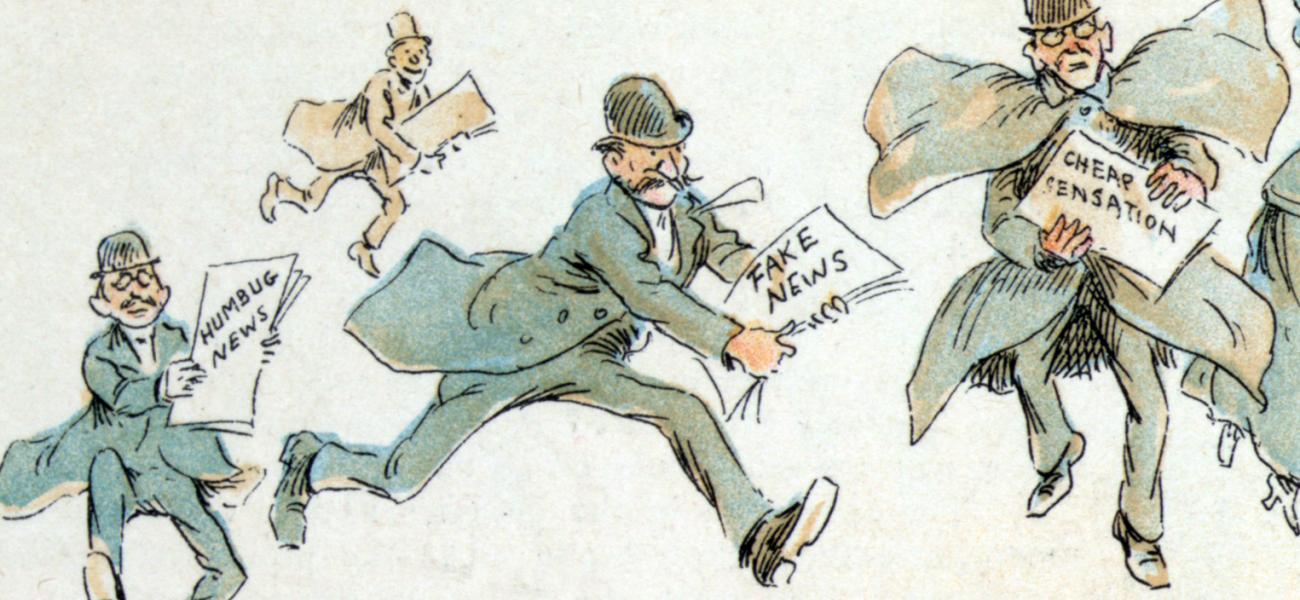 Painting of 3 men running with newspapers entitled "fake news", "humdrum news", and "cheap sensation."