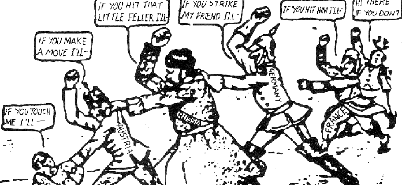 Cartoon of pre-World War I nations threatening each other