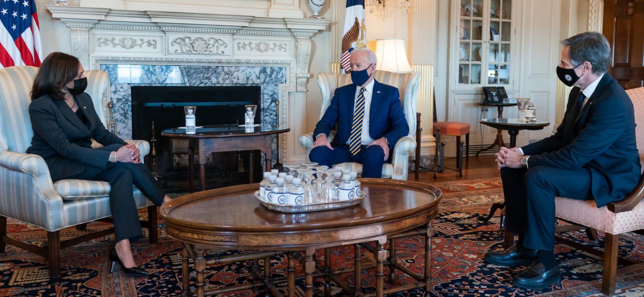 President Joe Biden and Vice President Kamala Harris meet with Secretary of State Antony Blinken