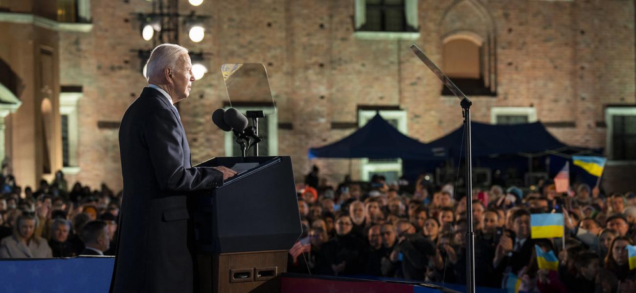 President Joe Biden delivers remarks on the war in Ukraine, Saturday, March 26, 2022, at the Royal Castle in Warsaw. 
