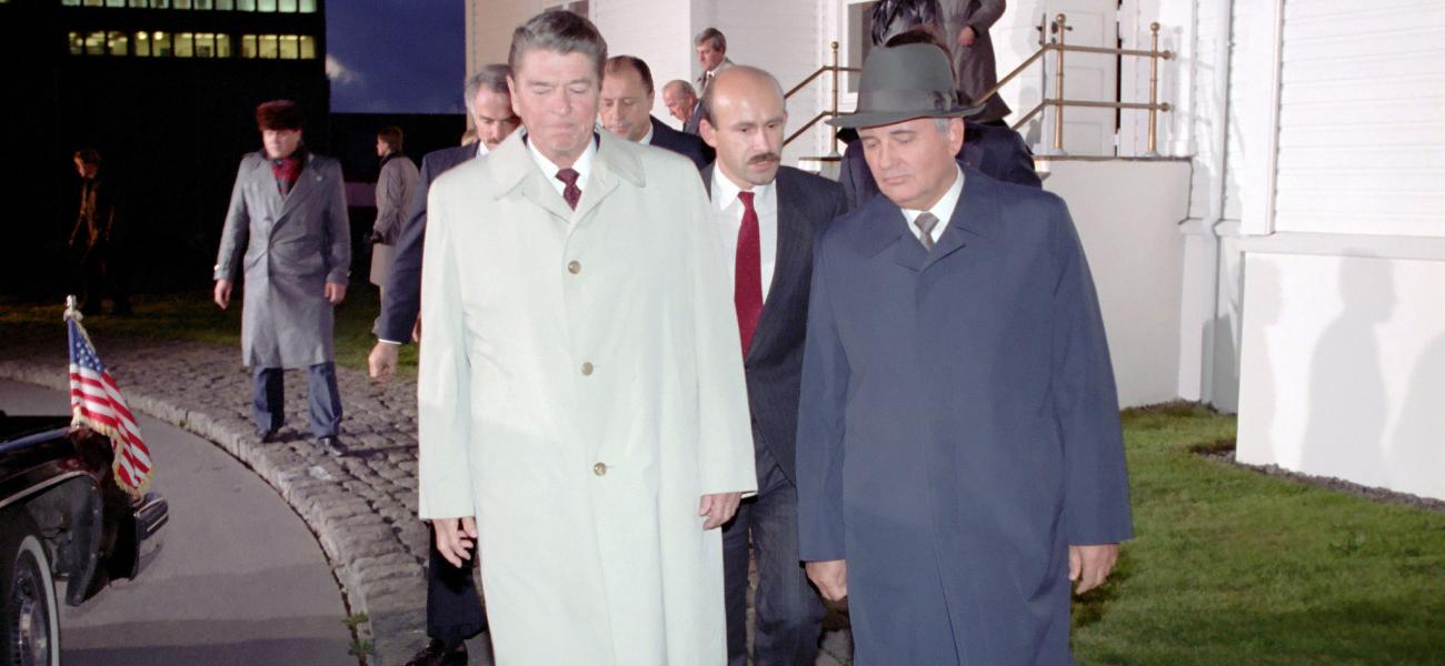 U.S. President Reagan and Soviet General Secretary Gorbachev depart after the final meeting at Hofdi House, Reykjavik, Iceland.