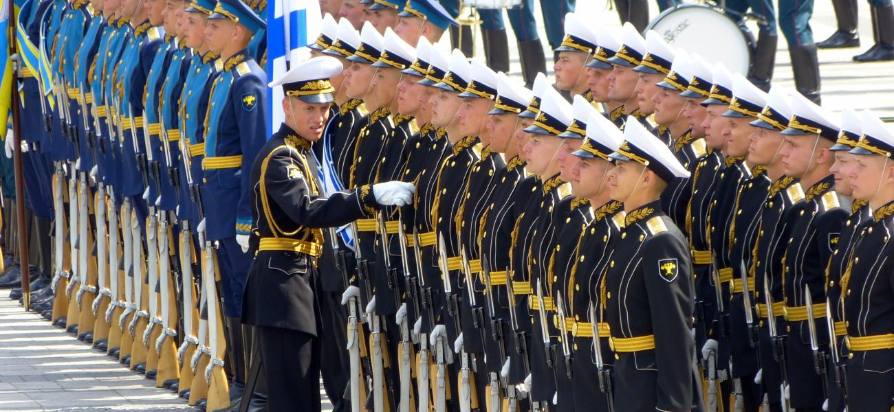 A Russian officer checks details at a parade honoring the "Great Patriotic War."
