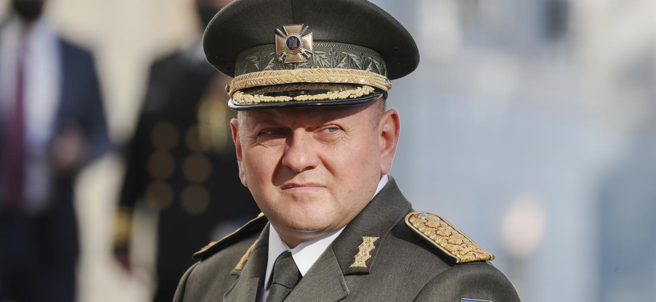 Commander-in-Chief of the Armed Forces of Ukraine Valeriy Zaluzhnyi looks on before a meeting with U.S. Defense Secretary Lloyd Austin and other officials in Kyiv, Ukraine, Tuesday, Oct. 19, 2021. (Gleb Garanich/Pool Photo via AP)