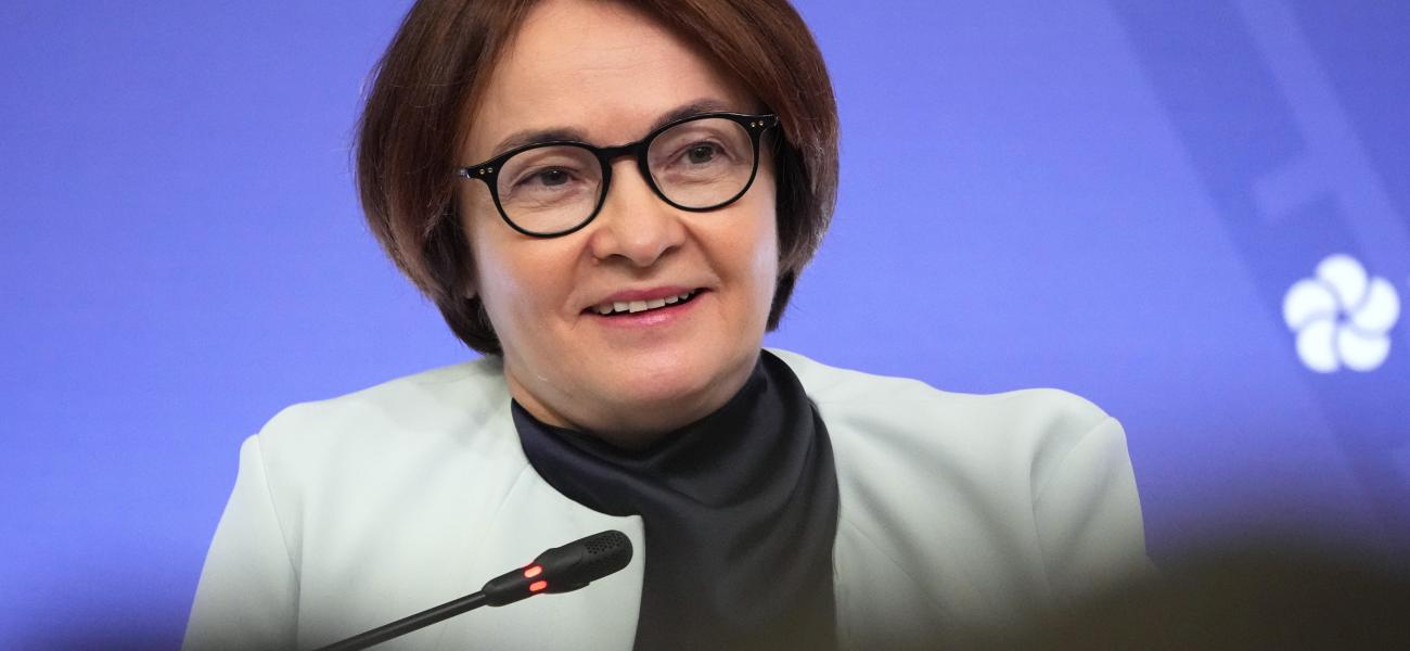 Russian Central Bank Chief Elvira Nabiullina speaks during a panel session at the St. Petersburg International Economic Forum in St.Petersburg, Russia, Thursday, June 6, 2024.