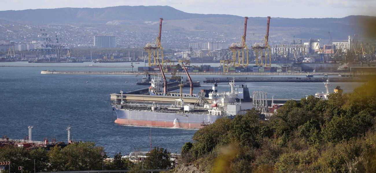 An oil tanker is moored at the Sheskharis complex, part of Chernomortransneft JSC, a subsidiary of Transneft PJSC, in Novorossiysk, Russia, on Oct. 11, 2022, one of the largest facilities for oil and petroleum products in southern Russia. The European Union on Monday slapped new sanctions on Russia over its war on Ukraine, targeting Moscow’s shadow fleet of tankers moving liquefied natural gas through Europe as well as several companies. (AP Photo, File)
