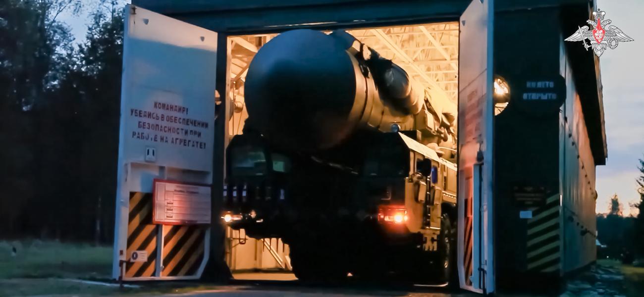 In this photo released by Russian Defense Ministry Press Service on Monday, July 22, 2024, a Yars intercontinental ballistic missile launcher rolls from an hangar during a military exercise near Yoshkar-Ola, Russia. Hawks in Russia have called for revising the country's nuclear doctrine to lower the threshold for using nuclear weapons, and President Vladimir Putin said the doctrine could be modified. (Russian Defense Ministry Press Service via AP)