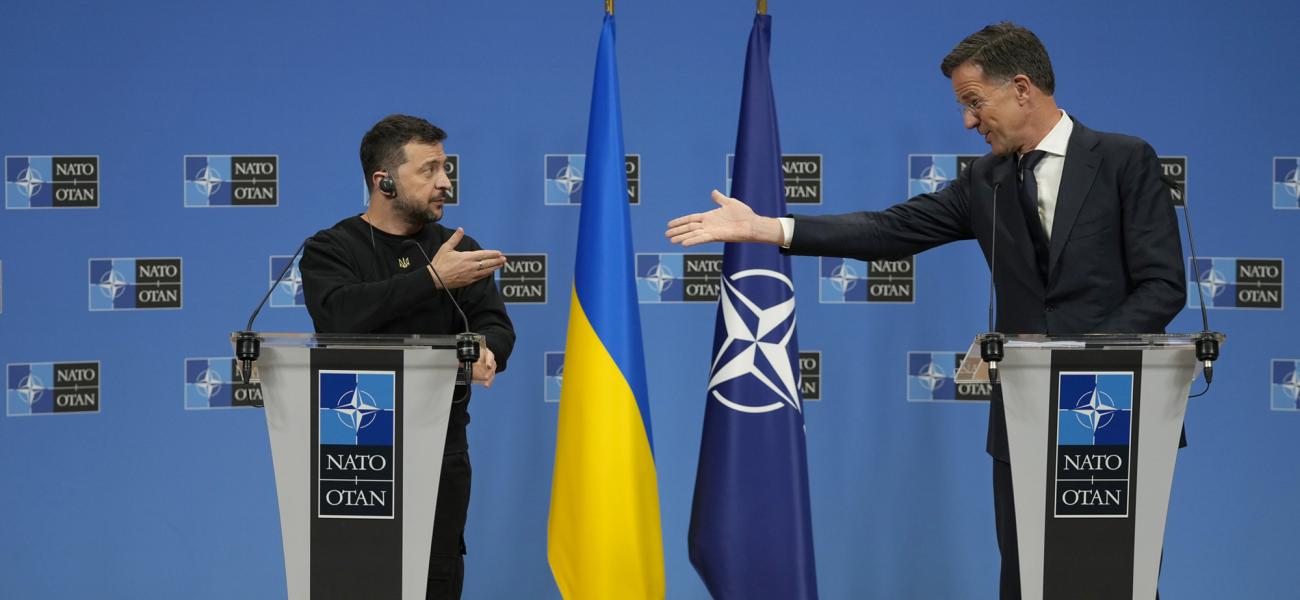 NATO Secretary General Mark Rutte, right, and Ukraine's President Volodymyr Zelenskyy participate in a media conference during a meeting of NATO defense ministers at NATO headquarters in Brussels, Thursday, Oct. 17, 2024. (AP Photo/Virginia Mayo)