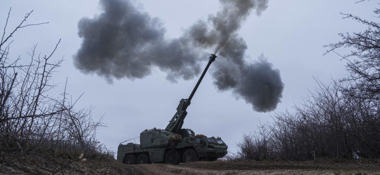 A Ukrainian self-propelled howitzer Dita of Azov brigade fires towards Russian positions at frontline in Donetsk region, Ukraine, Thursday Jan. 23, 2025. (AP Photo/Evgeniy Maloletka)