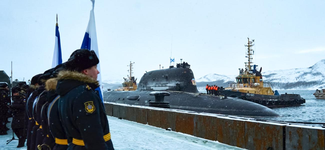 In this photo provided by the Russian Defense Ministry Press Service on Monday, Jan. 27, 2025, the Arkhangelsk nuclear submarine of the Russian navy arrives at its base of the Northern Fleet in Russia. (Russian Defense Ministry Press Service via AP)