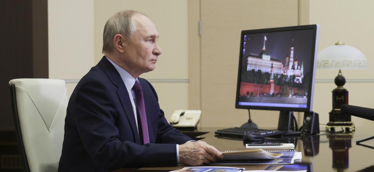 Russian President Vladimir Putin holds a video conference meeting with Bryansk Region Governor Alexander Bogomaz at the Novo-Ogaryovo state residence outside Moscow Russia, Thursday, Feb. 13, 2025. (Gavriil Grigorov, Sputnik, Kremlin Pool Photo via AP)