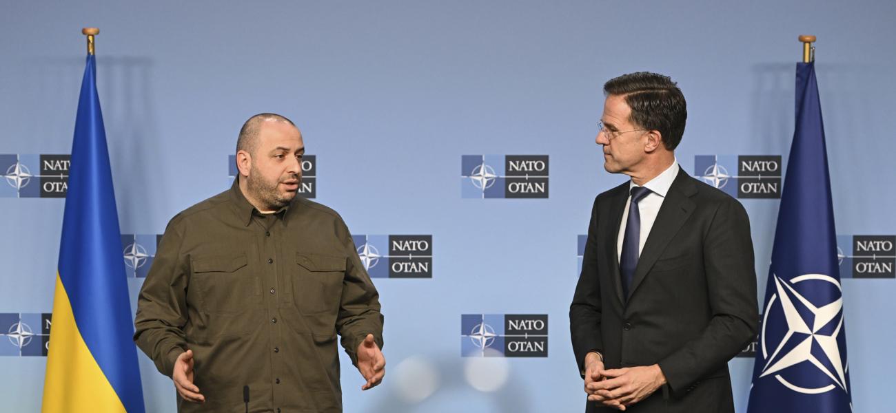 NATO Secretary General Mark Rutte, right, and Ukraine's Defense Minister Rustem Umerov address the media during a meeting of NATO defense ministers at NATO headquarters in Brussels, Thursday, Feb. 13, 2025. (AP Photo/Harry Nakos)
