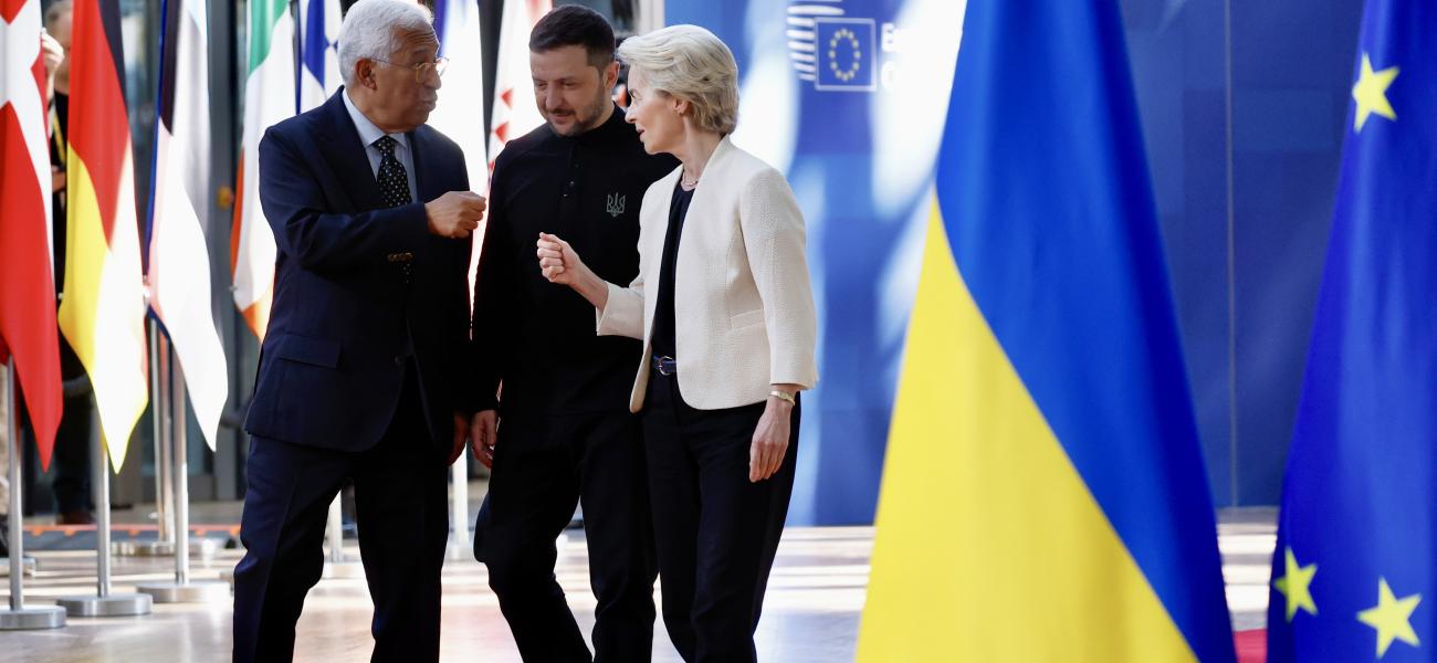 European Council President Antonio Costa, Ukraine's President Volodymyr Zelenskyy and European Commission President Ursula von der Leyen arrive for an EU Summit at the European Council building in Brussels, Thursday, March 6, 2025