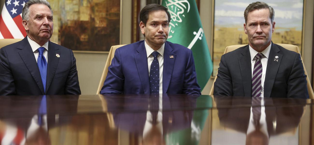 FILE - U.S. Secretary of State Marco Rubio, U.S. national security adviser Mike Waltz and U.S. Middle East envoy Steve Witkoff attend an interview after meeting with Russian Foreign Minister Sergei Lavrov and Russian President Vladimir Putin's foreign policy adviser Yuri Ushakov, at Diriyah Palace, in Riyadh, Saudi Arabia, Feb. 18, 2025. (Evelyn Hockstein/Pool Photo via AP, File)