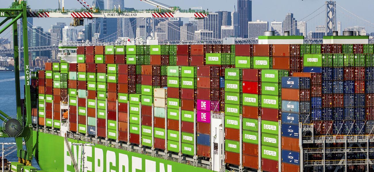 Shipping containers line the Ever Most cargo vessel docked at the Port of Oakland on Thursday, April 3, 2025, in Oakland, Calif. (AP Photo/Noah Berger)