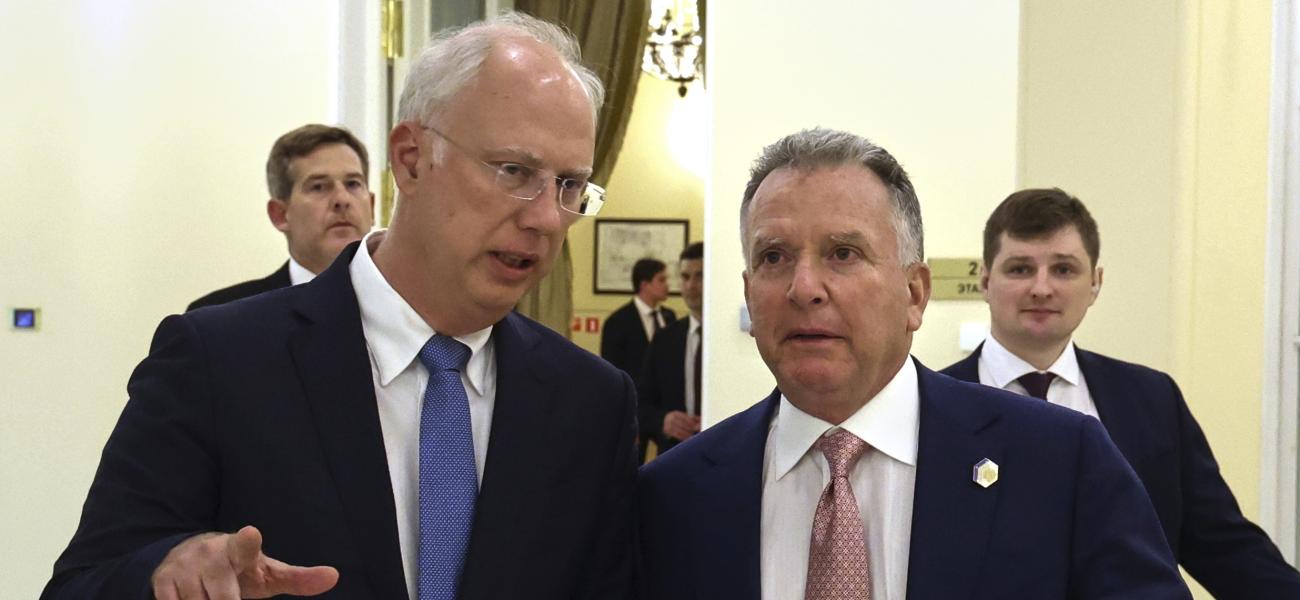 President Vladimir Putin's investment envoy Kirill Dmitriev, left, and U.S. President Donald Trump's special envoy Steve Witkoff walk to attend the talks with Russian President Vladimir Putin in St. Petersburg, Russia, Friday, April 11, 2025. (Vyacheslav Prokofyev, Sputnik, Kremlin Pool Photo via AP)