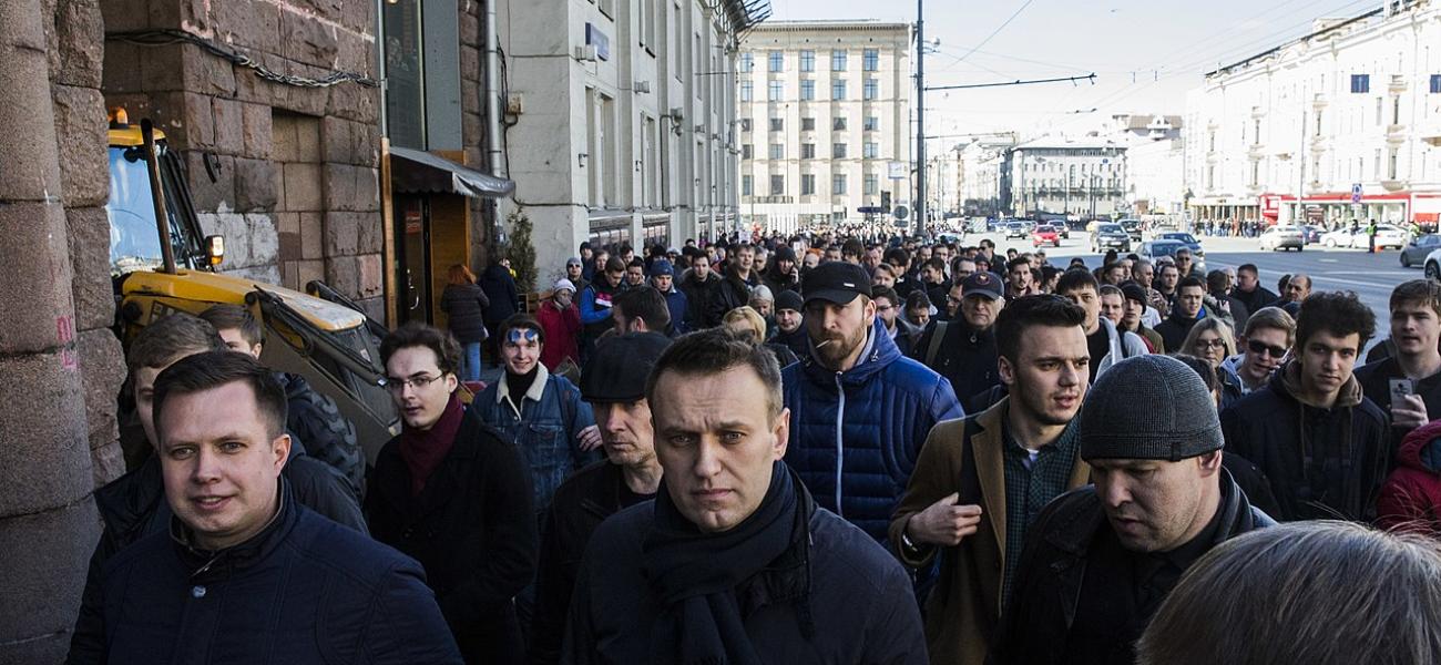 The Russian opposition leader Alexei Navalny marches on Tverskaya street