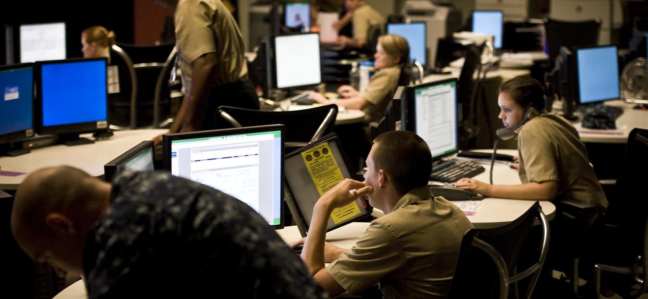 U.S. sailors assigned to Navy Cyber Defense Operations Command take their stations at Joint Expeditionary Base Little Creek-Fort Story, Va., Aug. 4, 2010. NCDOC sailors monitor, analyze, detect and respond to unauthorized activity within U.S. Navy information systems and computer networks.