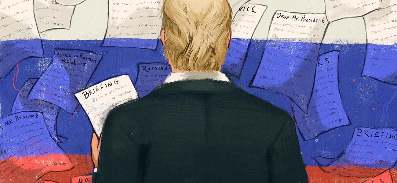 Donald Trump looks at a bulletin board covered with memos on Russia (illustration).