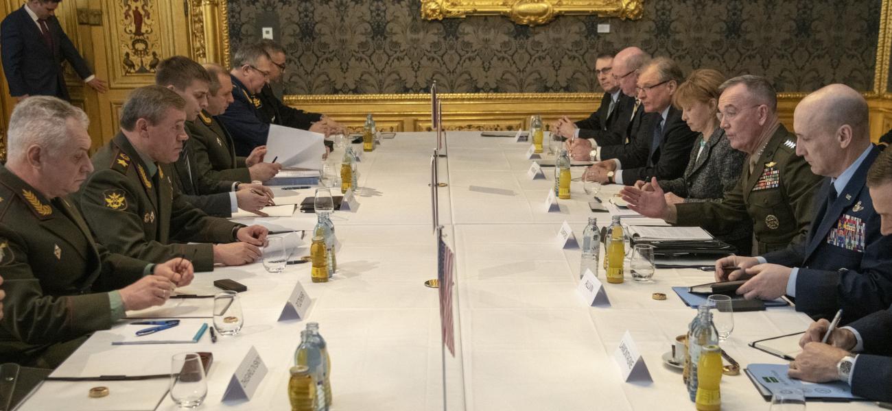 Marine Corps Gen. Joe Dunford with Russian Gen. Valery Gerasimov during a meeting March 4, 2019.