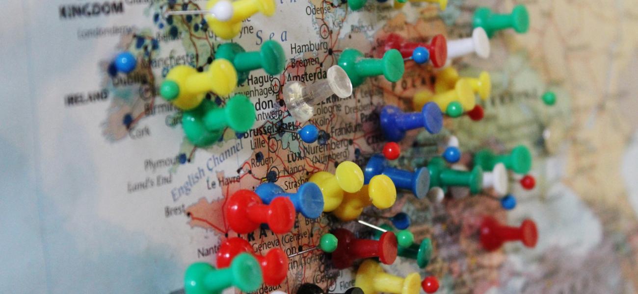 Europe map with thumbtacks