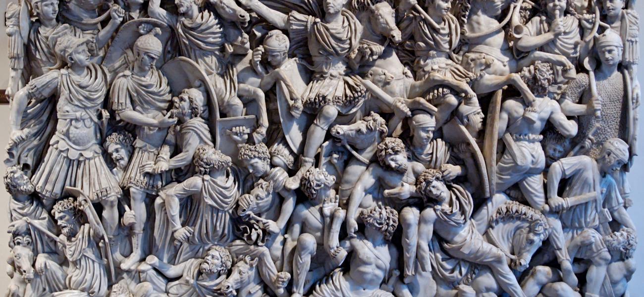 Stone “Grande Ludovisi” sarcophagus, with battle scene between Roman soldiers and Germans.