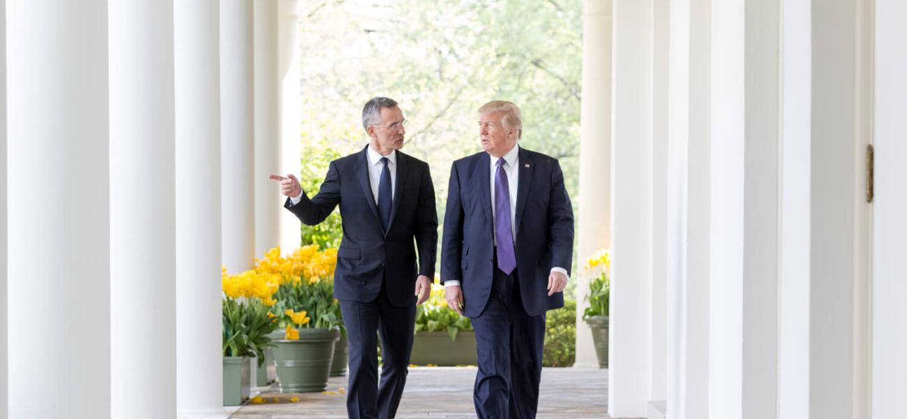 President Trump and NATO Secretary General Jens Stoltenberg walk along the Colonnade at the White House, April 2017.