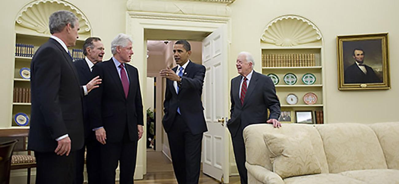 Post-Cold War U.S. Presidents George W. Bush, George H.W. Bush, Bill Clinton and Barack Obama with Cold War-era U.S. President Jimmy Carter.