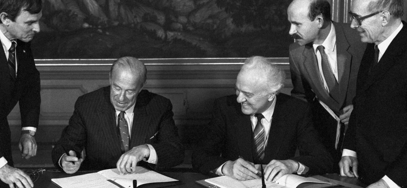 U.S. Secretary of State George Shultz with Soviet Foreign Minister Eduard Shevardnadze, 1987.