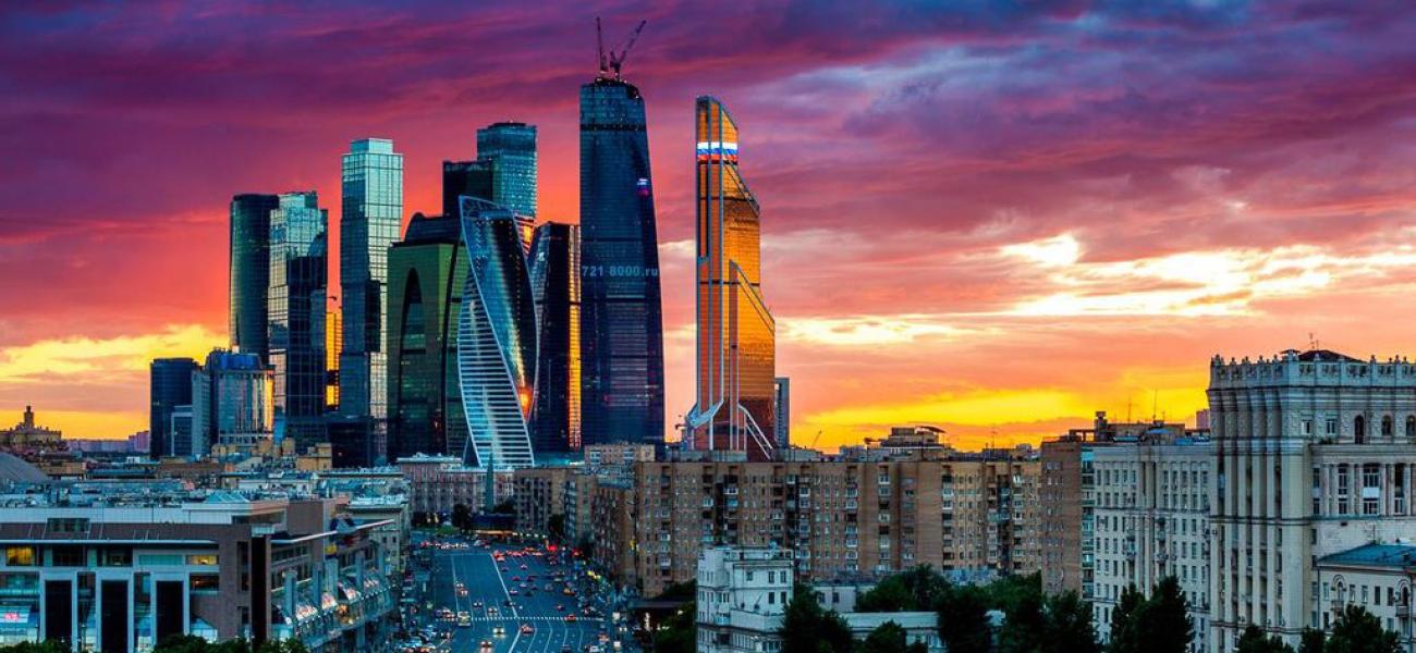 Moscow international business center, Moscow City, at sunset.