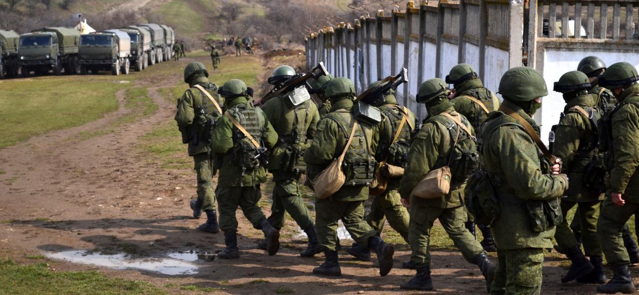 Soldiers at the Perevalne military base in Crimea during the 2014 Crimean crisis.
