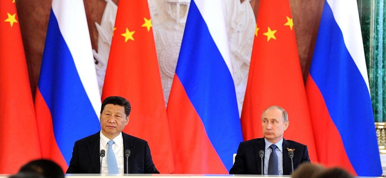 Russian President Vladimir Putin and Chinese President Xi Jinping make press statements following Russian-Chinese talks, May 2015.