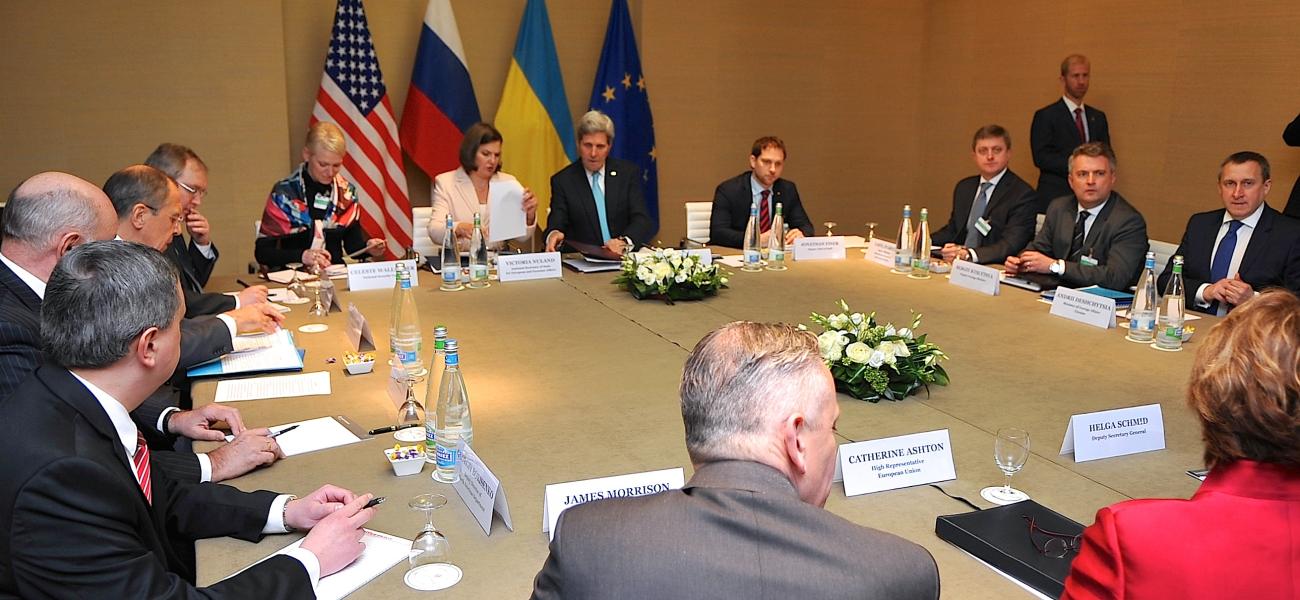 American, European, Russian and Ukrainian foreign ministers meet in Geneva in April 2014 to discuss the conflict in Ukraine.
