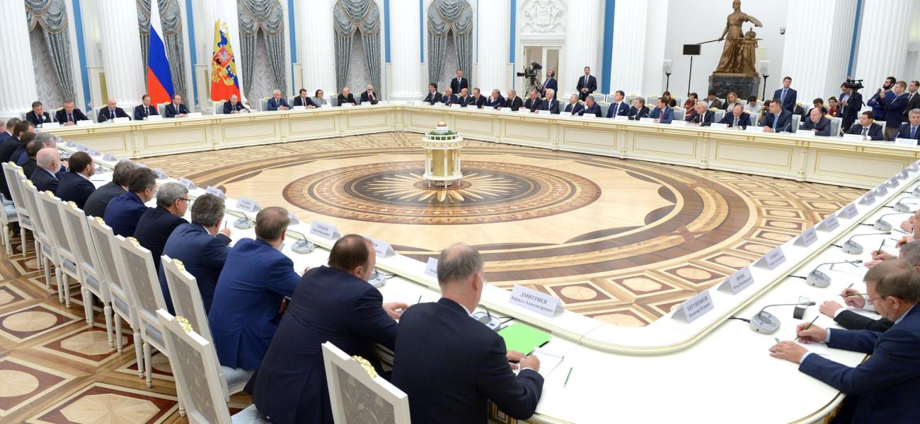 Major Russian business figures meet with Putin at the Kremlin, Dec. 21, 2017.