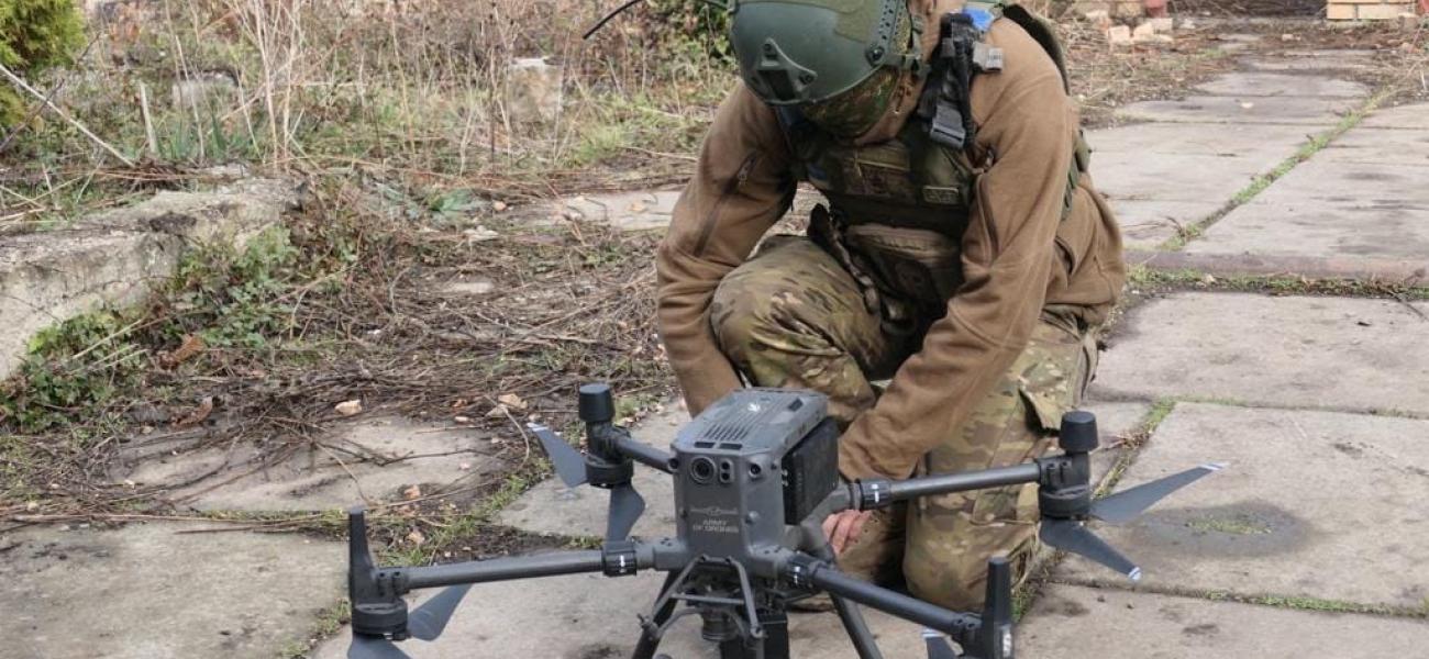 56th Mariupol Motorized Brigade soldier showing a DJI Matrice 300 RTK quad copter.