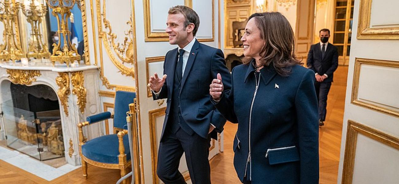 Vice President Kamala Harris introduces her bilateral team to French President Emmanuel Macron.