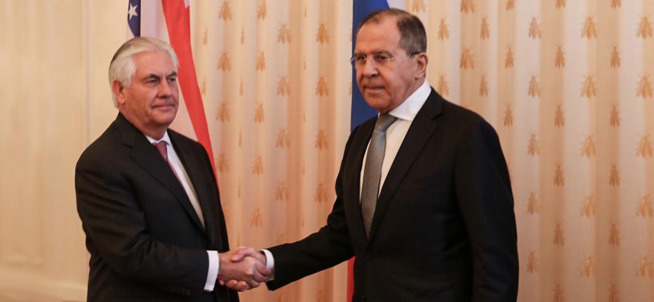U.S. Secretary of State Rex Tillerson and Russian Foreign Minister Sergei Lavrov shake hands in Moscow.
