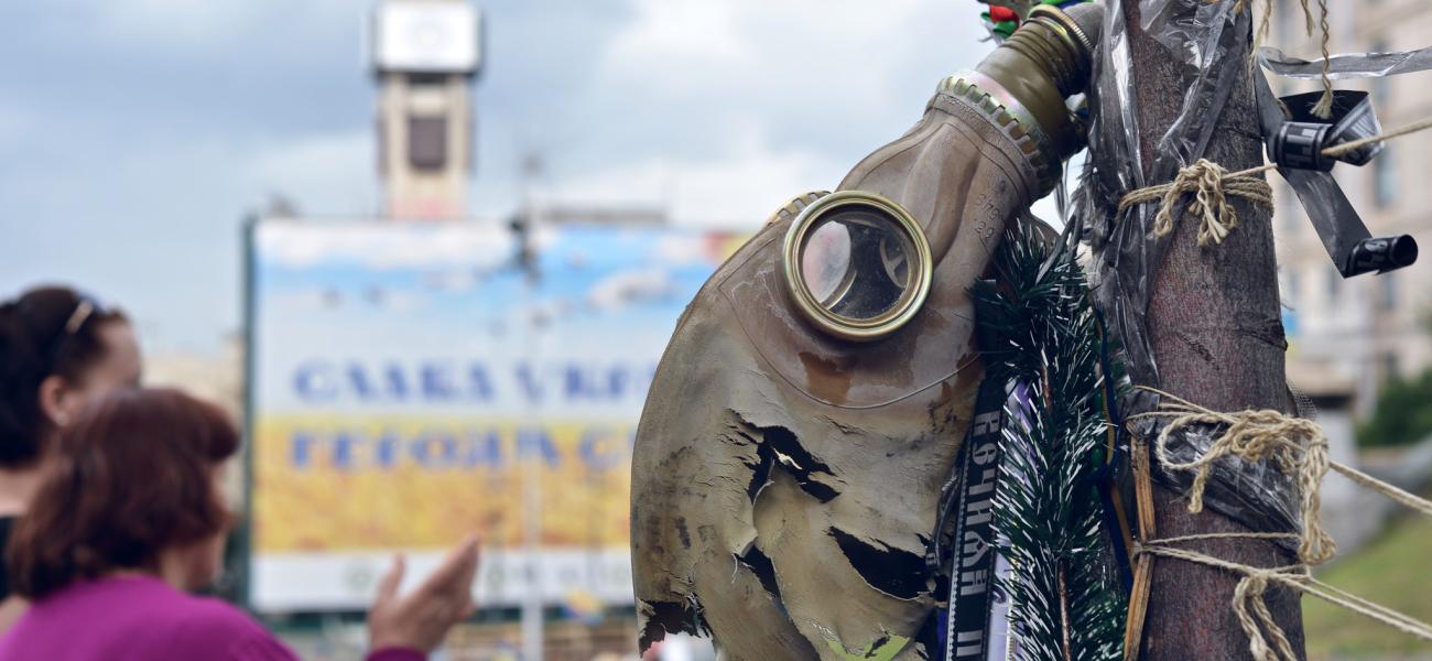 In Kiev, a tattered gas mask is tied to a tree.