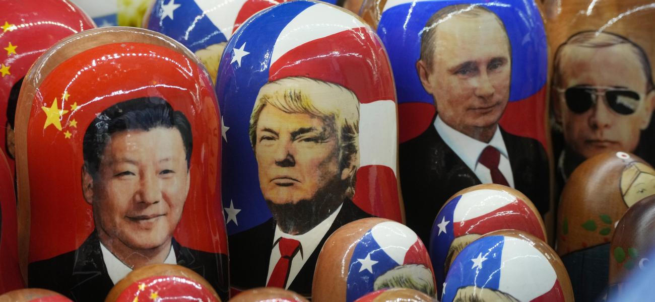 Traditional Russian wooden dolls depicting China's President Xi Jinping, U.S. President-elect Donald Trump and Russian President Vladimir Putin are displayed for sale at a souvenir shop in St. Petersburg, Russia, Nov. 21, 2024.
