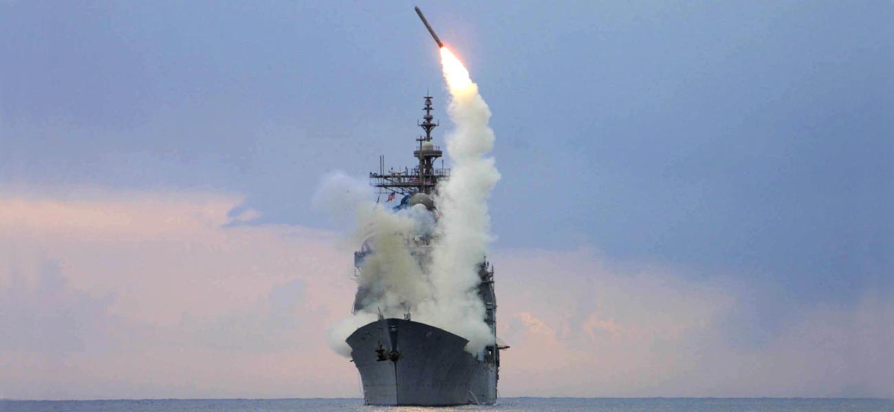A Tomahawk missile being fired from a U.S. combat ship in the eastern Mediterranean, March 2003.