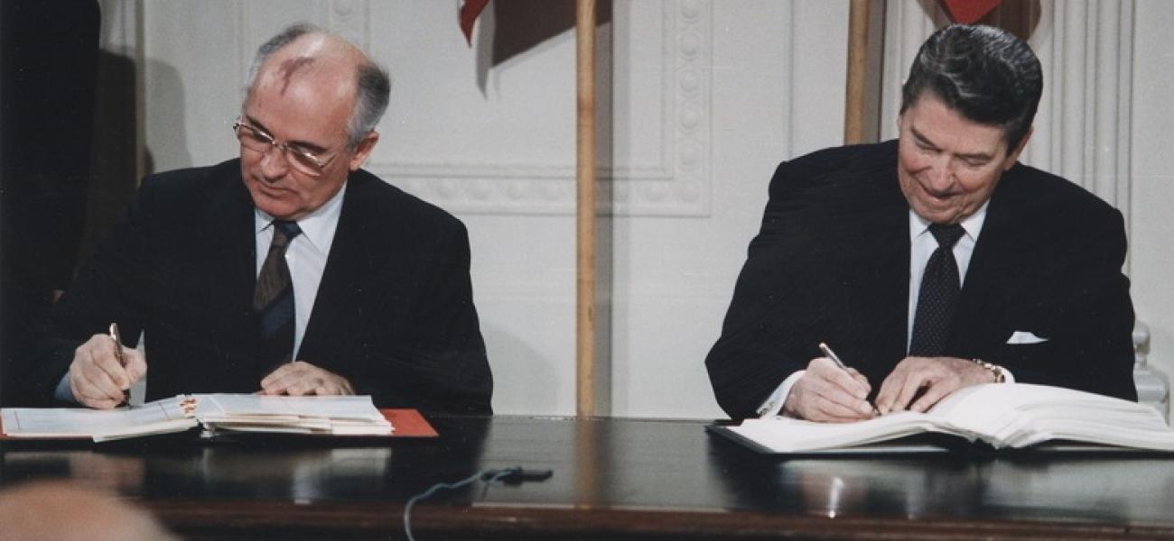 President Reagan and General Secretary Gorbachev signing the INF Treaty, 8 December 1987.