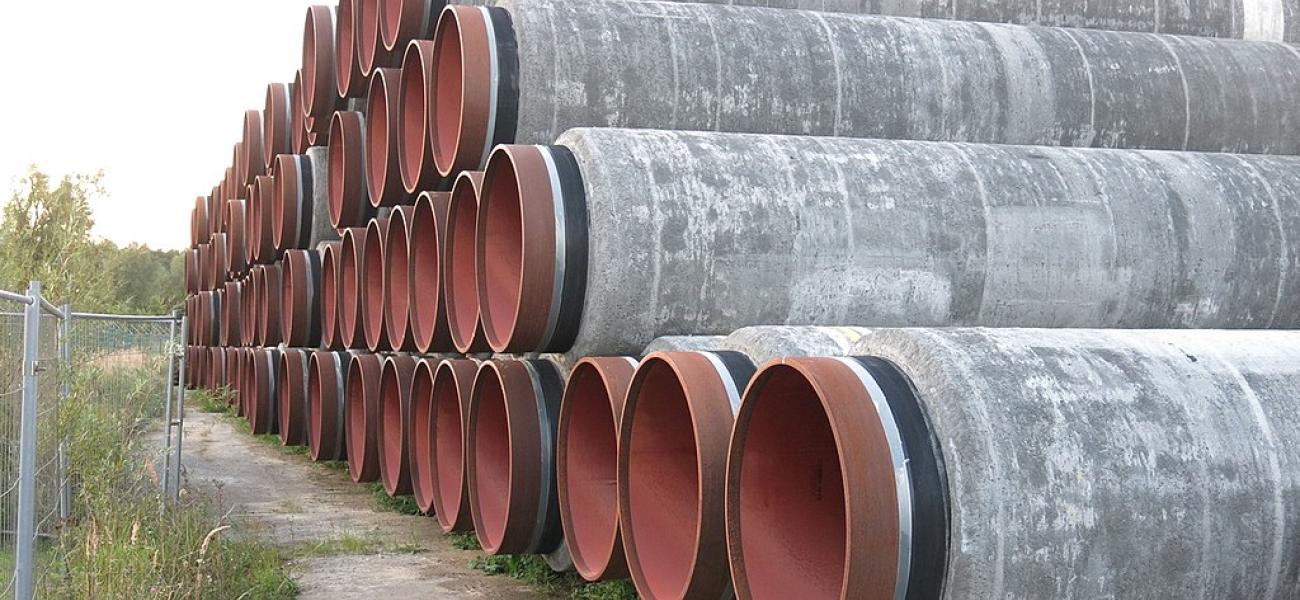 A stack of pipes for the Nord Stream 2 project at Germany's Mukran Port. 