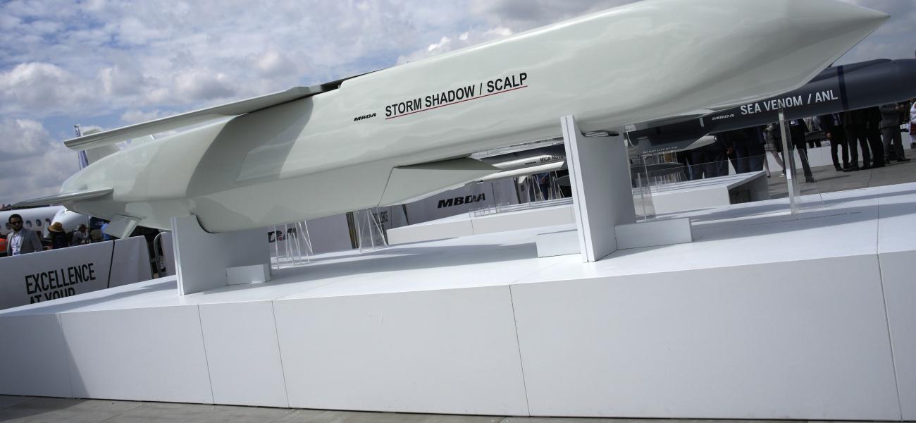 The Storm Shadow cruise missile is on display during the Paris Air Show in Le Bourget, north of Paris, France, on June 19, 2023. French President Emmanuel Macron has called for Western countries to let Ukraine strike military bases inside Russia with the sophisticated long-range weapons they are providing to Kyiv. It is the most recent sign of a potentially significant policy shift that could help change the complexion of the war. (AP Photo/Lewis Joly, File)