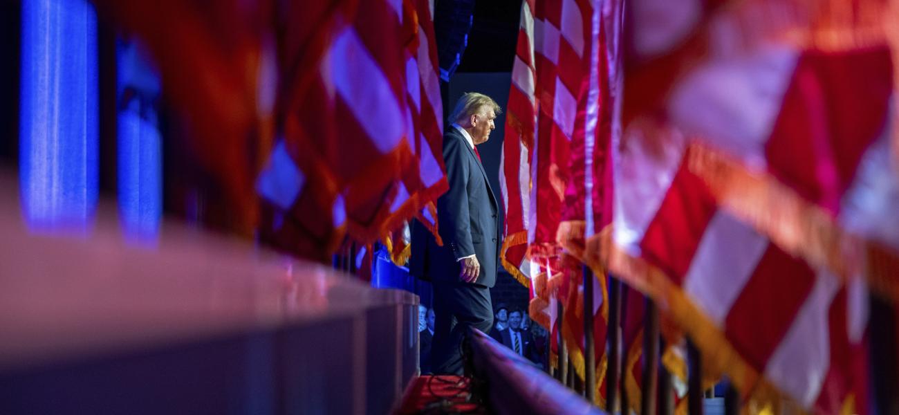 Republican presidential nominee former President Donald Trump arrives at an election night watch party at the Palm Beach Convention Center, Wednesday, Nov. 6, 2024, in West Palm Beach, Fla. (AP Photo/Julia Demaree Nikhinson)