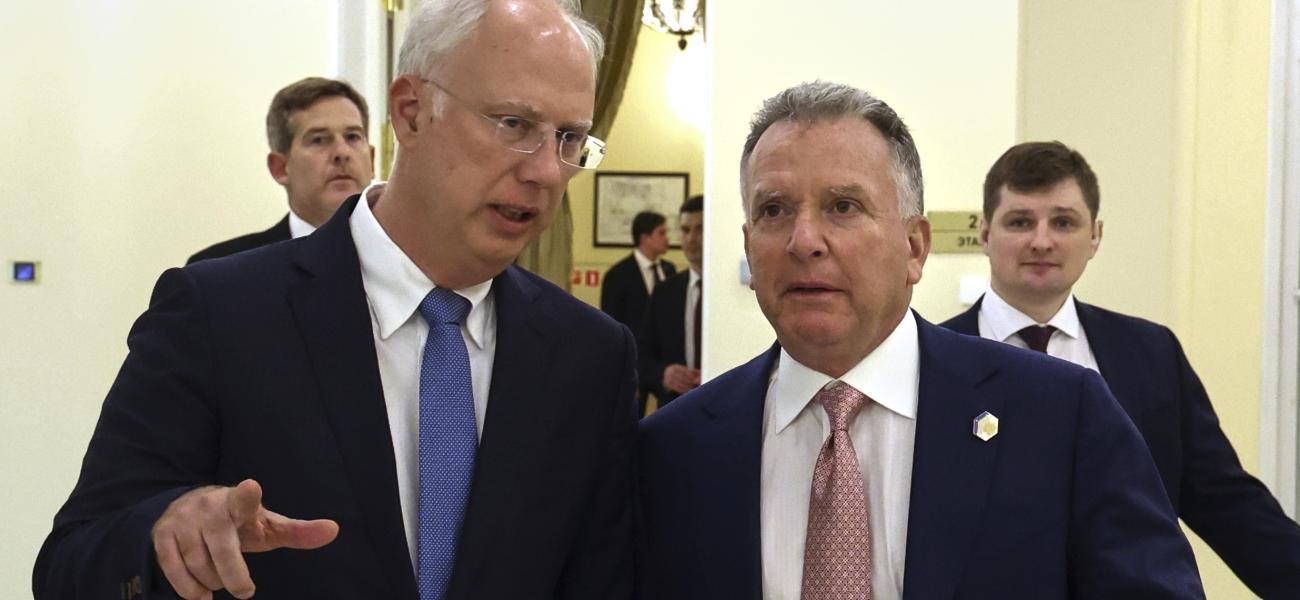 President Vladimir Putin's investment envoy Kirill Dmitriev, left, and U.S. President Donald Trump's special envoy Steve Witkoff walk to attend the talks with Russian President Vladimir Putin in St. Petersburg, Russia, Friday, April 11, 2025. (Vyacheslav Prokofyev, Sputnik, Kremlin Pool Photo via AP)