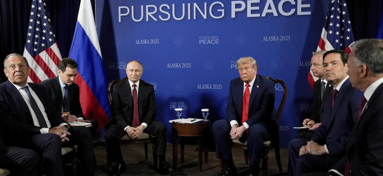 President Donald Trump meets with Russia's President Vladimir Putin Friday, Aug. 15, 2025, at Joint Base Elmendorf-Richardson, Alaska. At left is Russia's Foreign Minister Sergey Lavrov and second from right is Secretary of State Marco Rubio. (AP Photo/Julia Demaree Nikhinson)